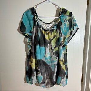 Cato‎ watercolor braided sheer sleeve top XL